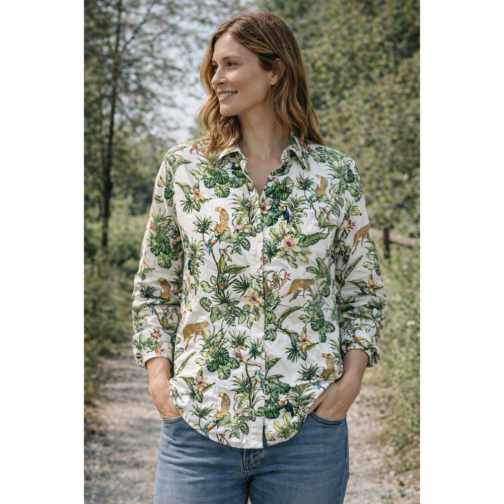 ZARA Womens Tropical Jungle Print Button Shirt Green Leopards Toucans Size M